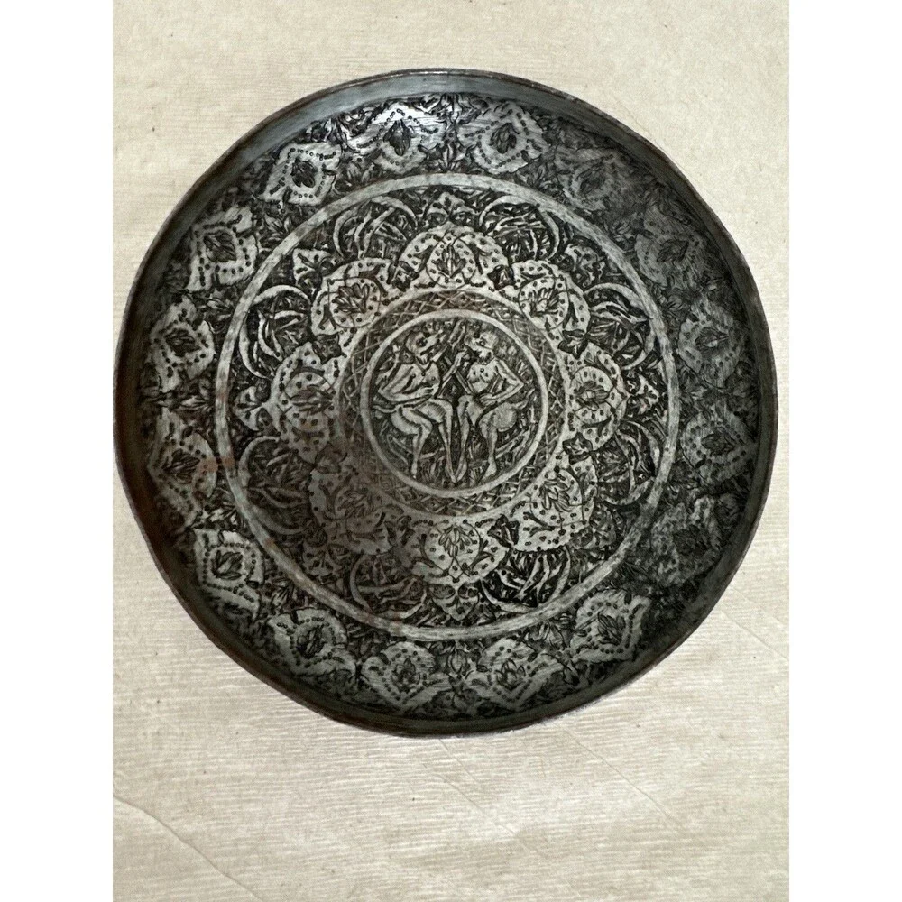 Vintage Middle East Persian Copper Hand Engraved Hunting Wall Plate Bowl
